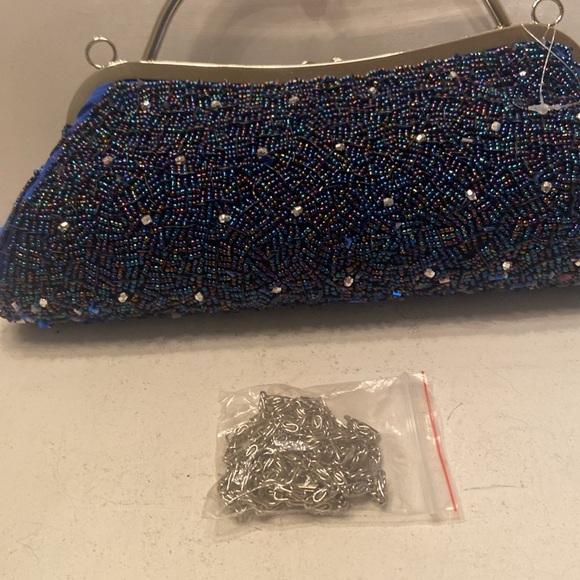 Shades of blue silvertone detail beaded sparkle evening bag crossbody chain - Picture 9 of 16